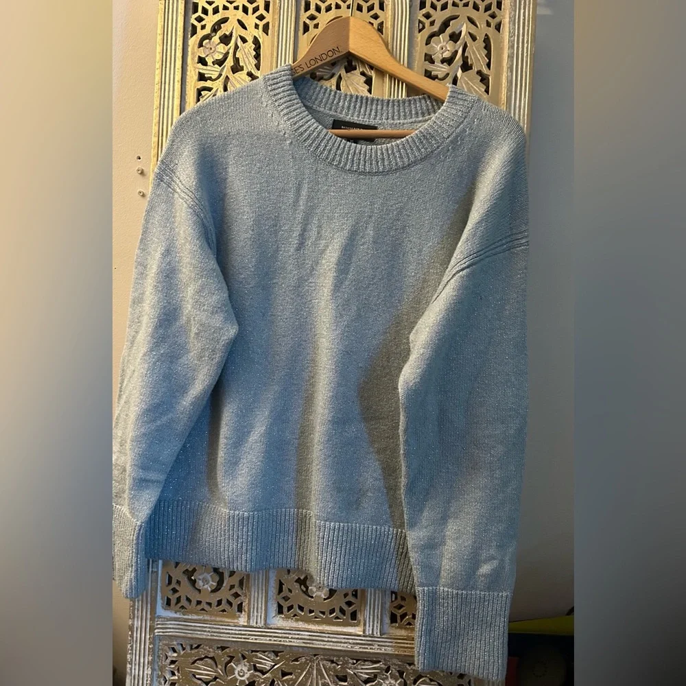 Banana Republic Coveted Sweater Crewneck Light Blue Grey Silver Lurex XL winter - Picture 2 of 9